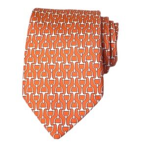 Hermès Paris Silk Tie Orange Horsebit Chain Pattern Made in France Luxury